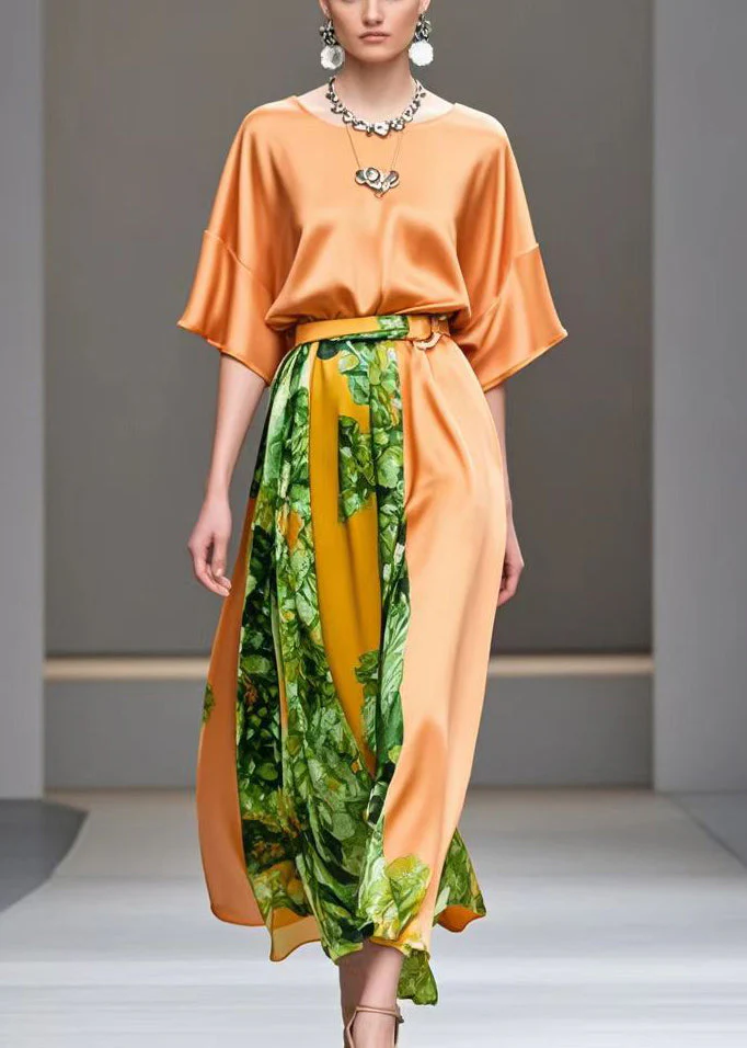 Beautiful Orange Cinched Patchwork Print Silk Long Dress Summer - Image 5