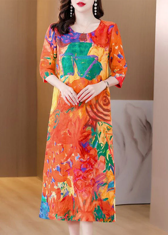 Beautiful Orange O Neck Print Patchwork Silk Dress Summer - Image 2