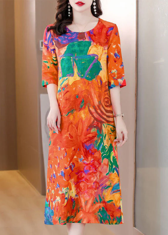 Beautiful Orange O Neck Print Patchwork Silk Dress Summer - Image 3