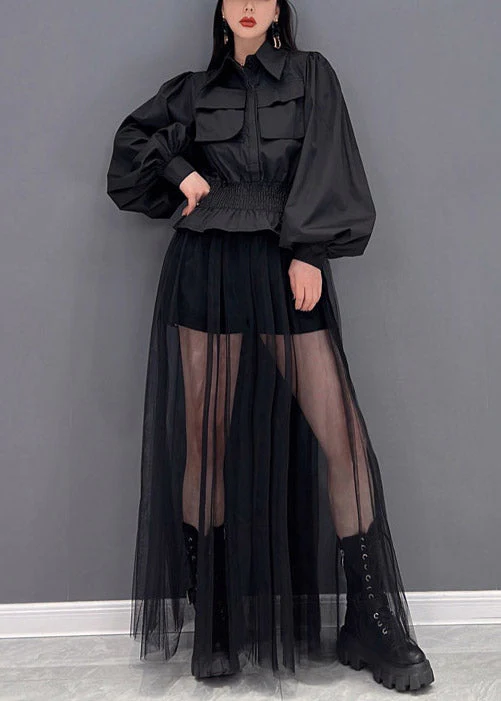 Beautiful Orange Peter Pan Collar Elastic Waist Pocket Tulle Patchwork Shirt Dress lantern sleeve - Image 2