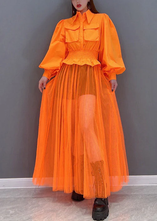 Beautiful Orange Peter Pan Collar Elastic Waist Pocket Tulle Patchwork Shirt Dress lantern sleeve - Image 3