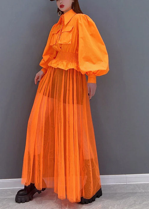 Beautiful Orange Peter Pan Collar Elastic Waist Pocket Tulle Patchwork Shirt Dress lantern sleeve - Image 4