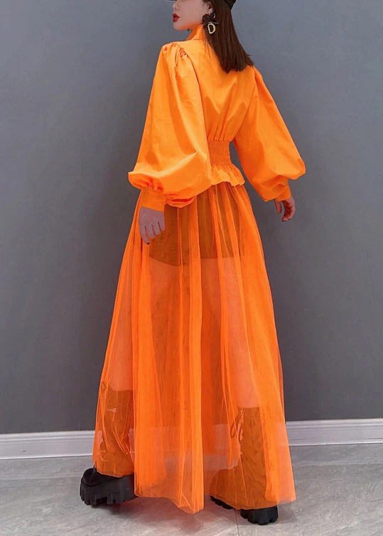 Beautiful Orange Peter Pan Collar Elastic Waist Pocket Tulle Patchwork Shirt Dress lantern sleeve - Image 5