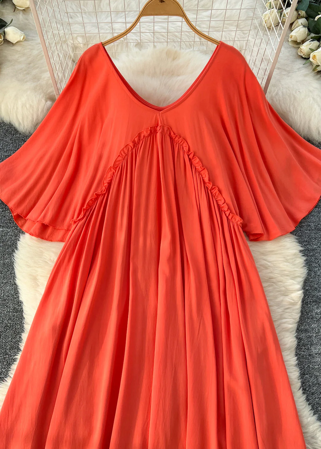 Beautiful Orange Ruffled Cotton A Line Dresses Batwing Sleeve - Image 4
