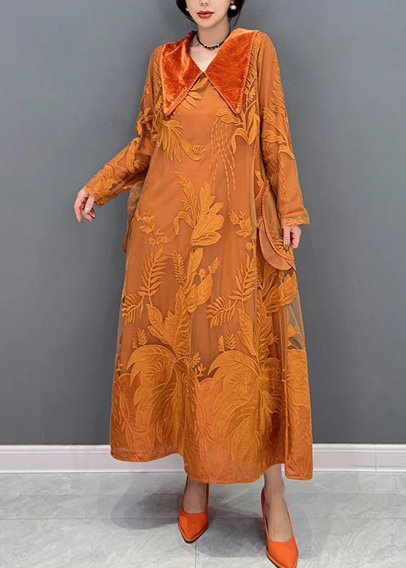 Beautiful Orange Sailor Collar Embroideried Thick Tulle Dress Winter - Image 2