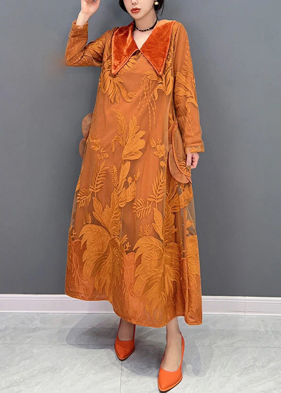 Beautiful Orange Sailor Collar Embroideried Thick Tulle Dress Winter - Image 3