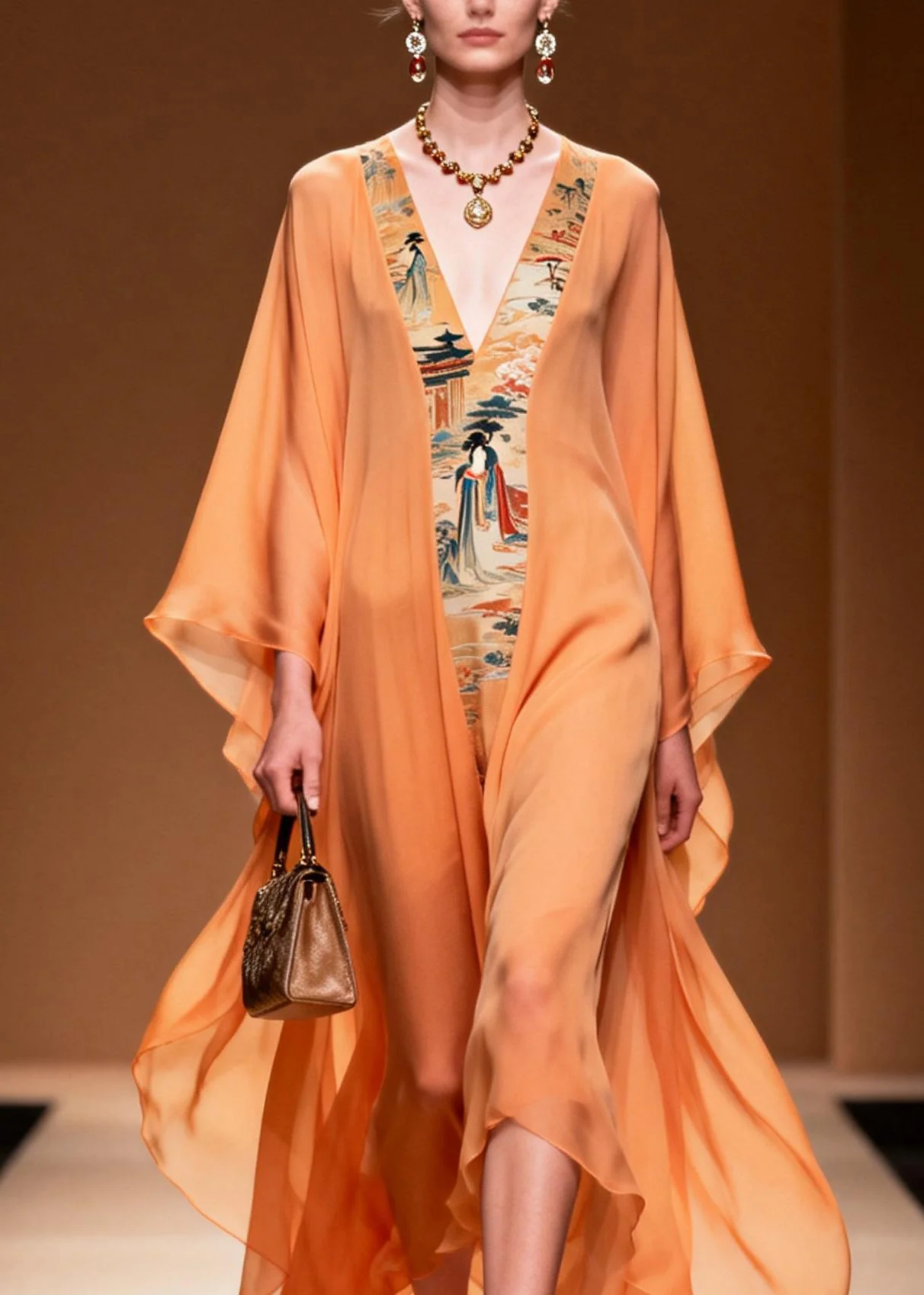 Beautiful Orange V Neck Print Patchwork Chiffon Dress Spring - Image 2