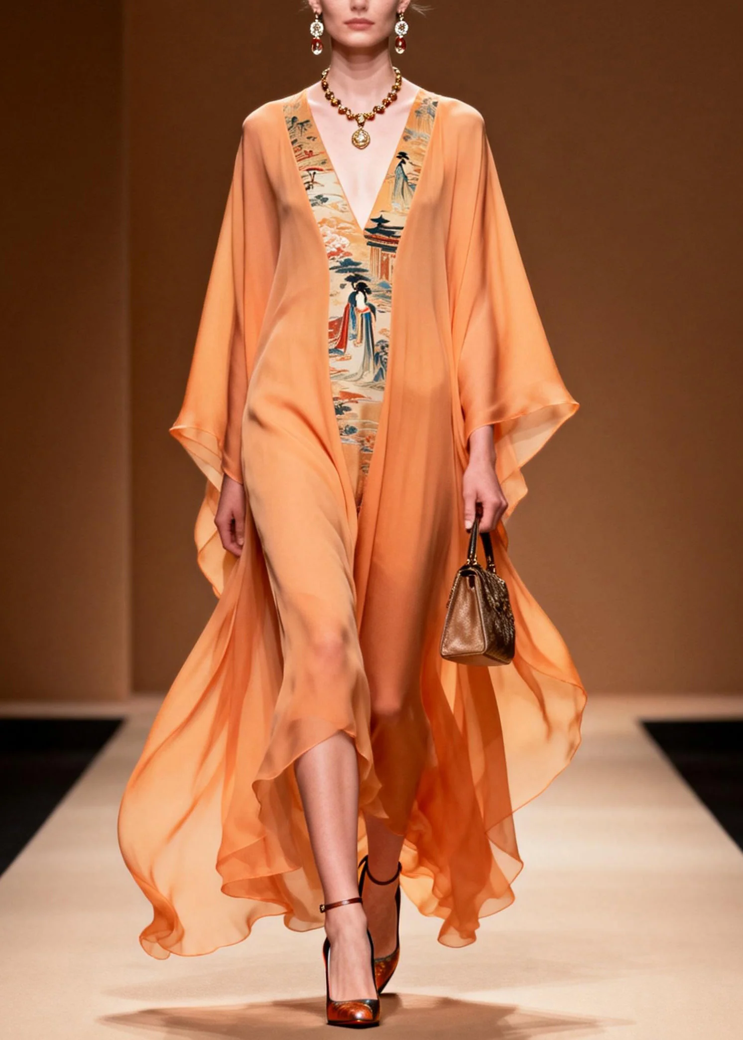 Beautiful Orange V Neck Print Patchwork Chiffon Dress Spring - Image 3