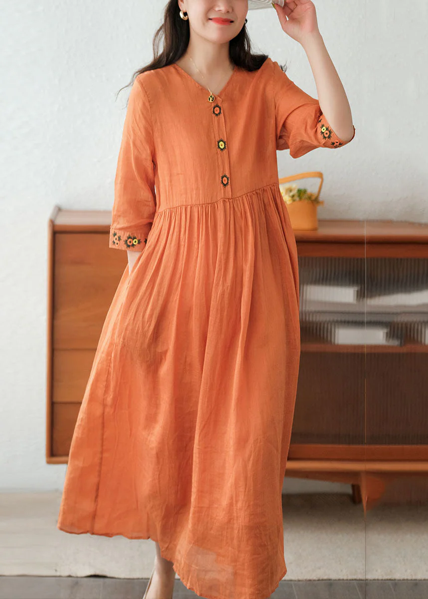 Beautiful Orange Wrinkled Embroideried Linen Dress Two Piece Set Short Sleeve