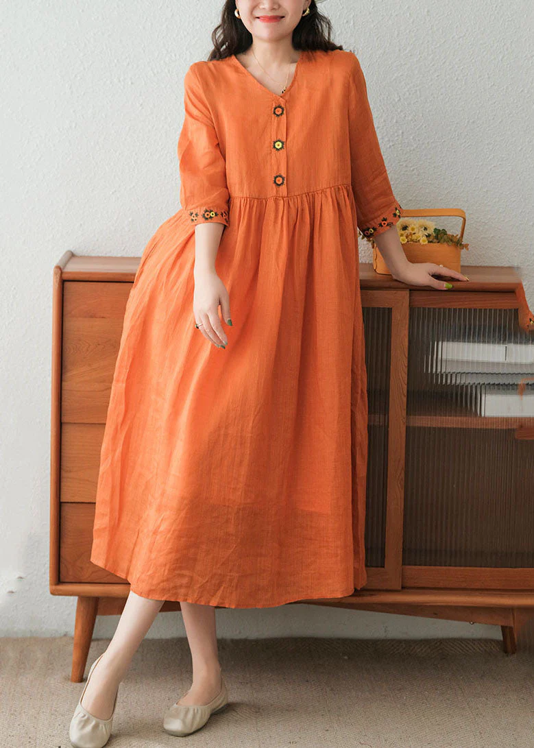 Beautiful Orange Wrinkled Embroideried Linen Dress Two Piece Set Short Sleeve - Image 2