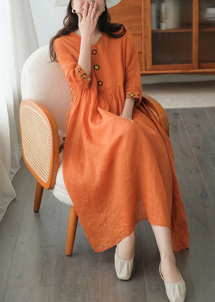 Beautiful Orange Wrinkled Embroideried Linen Dress Two Piece Set Short Sleeve - Image 3