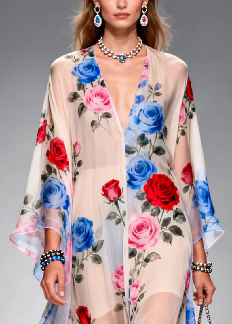 Beautiful Oversized Floral Print Chiffon Holiday Dress Summer - Image 2