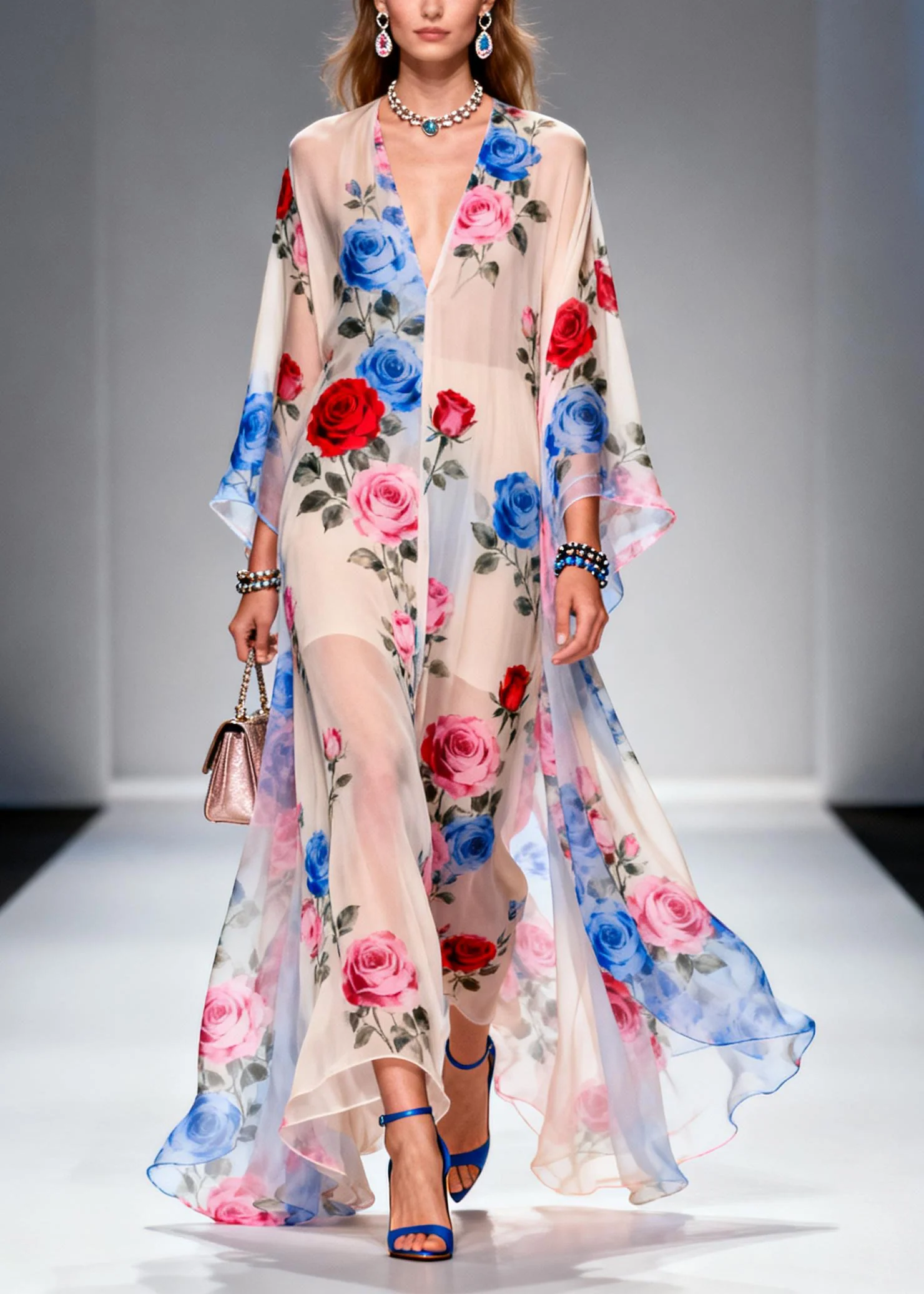 Beautiful Oversized Floral Print Chiffon Holiday Dress Summer - Image 3