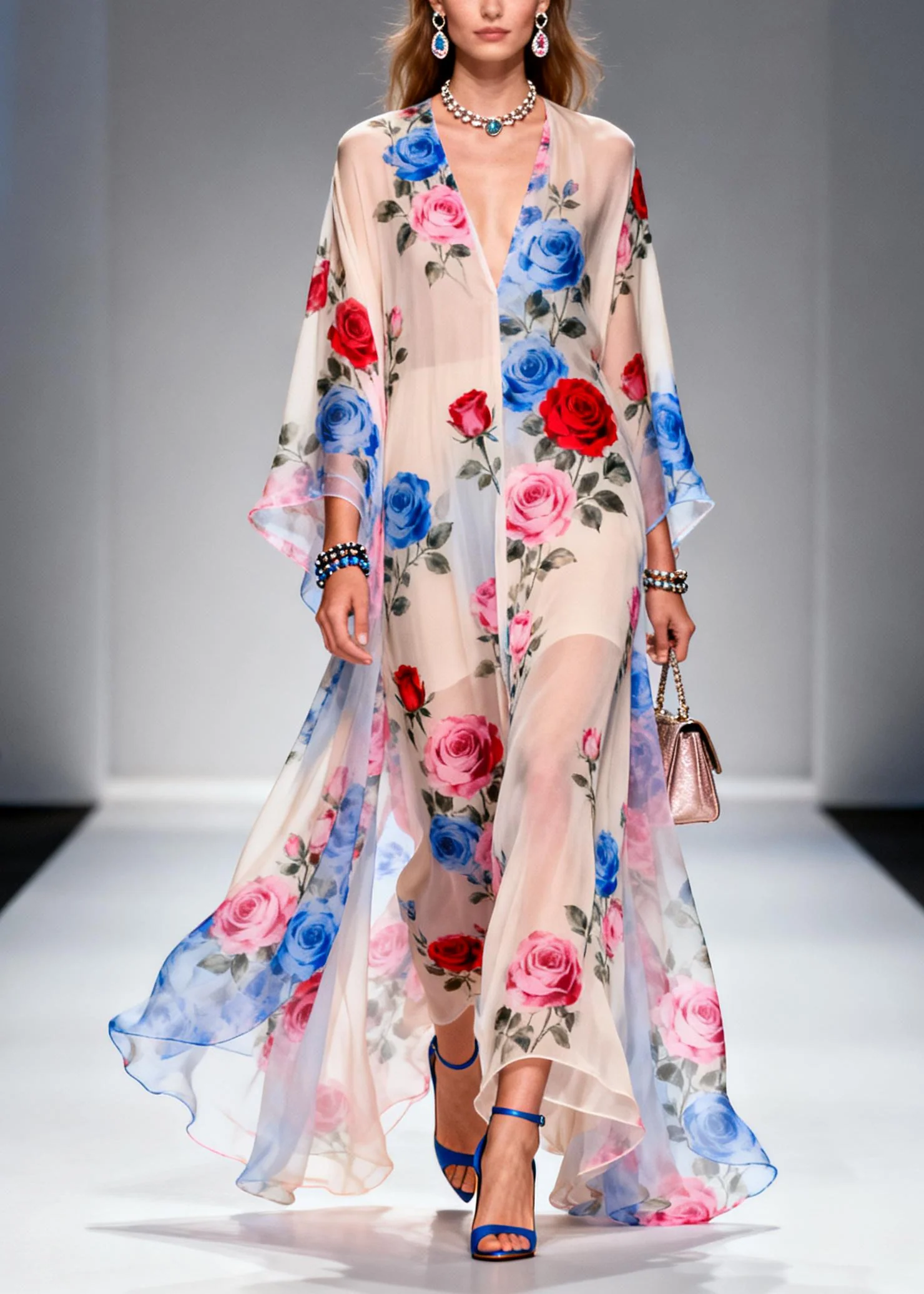 Beautiful Oversized Floral Print Chiffon Holiday Dress Summer - Image 5