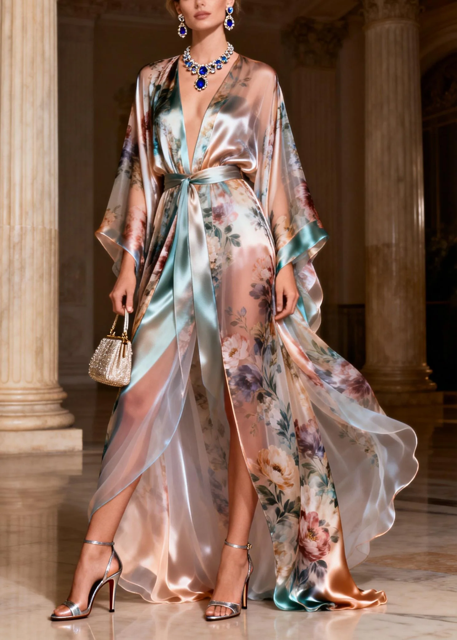 Beautiful Patchwork Tie Waist Silk Long Dresses Flare Sleeve