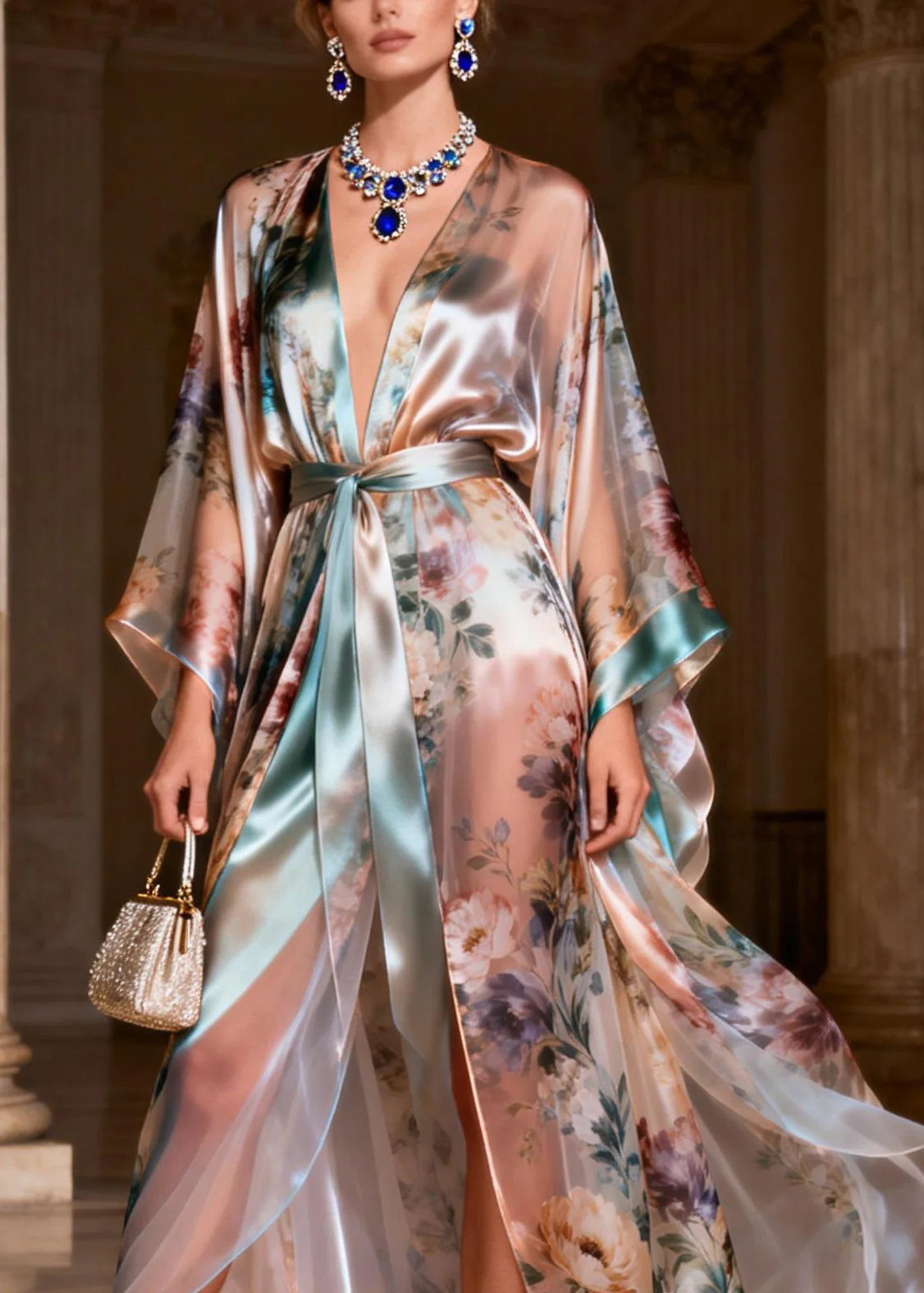 Beautiful Patchwork Tie Waist Silk Long Dresses Flare Sleeve - Image 2