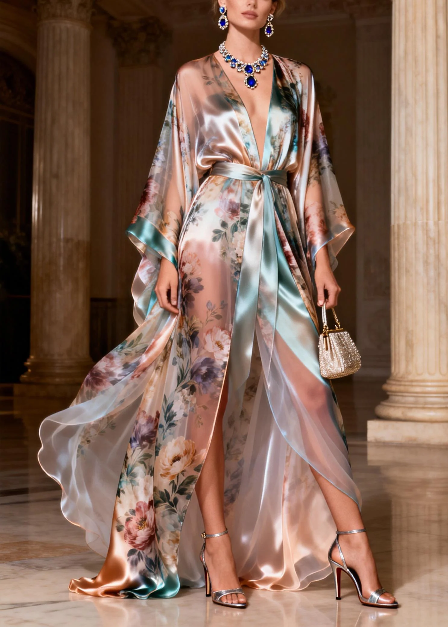 Beautiful Patchwork Tie Waist Silk Long Dresses Flare Sleeve - Image 3