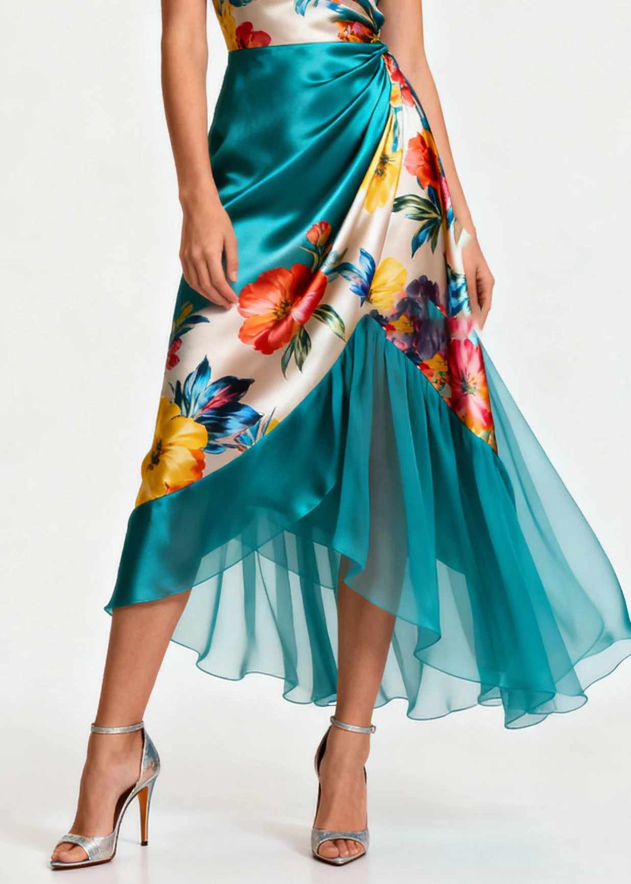 Beautiful Peacock Green Asymmetrical Patchwork Tulle Silk Cami Dress Summer - Image 4