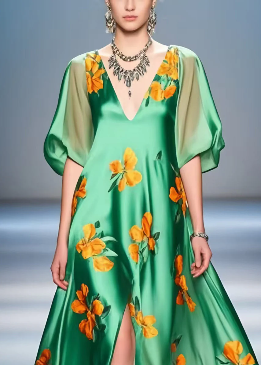 Beautiful Peacock Green Print Side Open Silk A Line Dresses Summer - Image 2