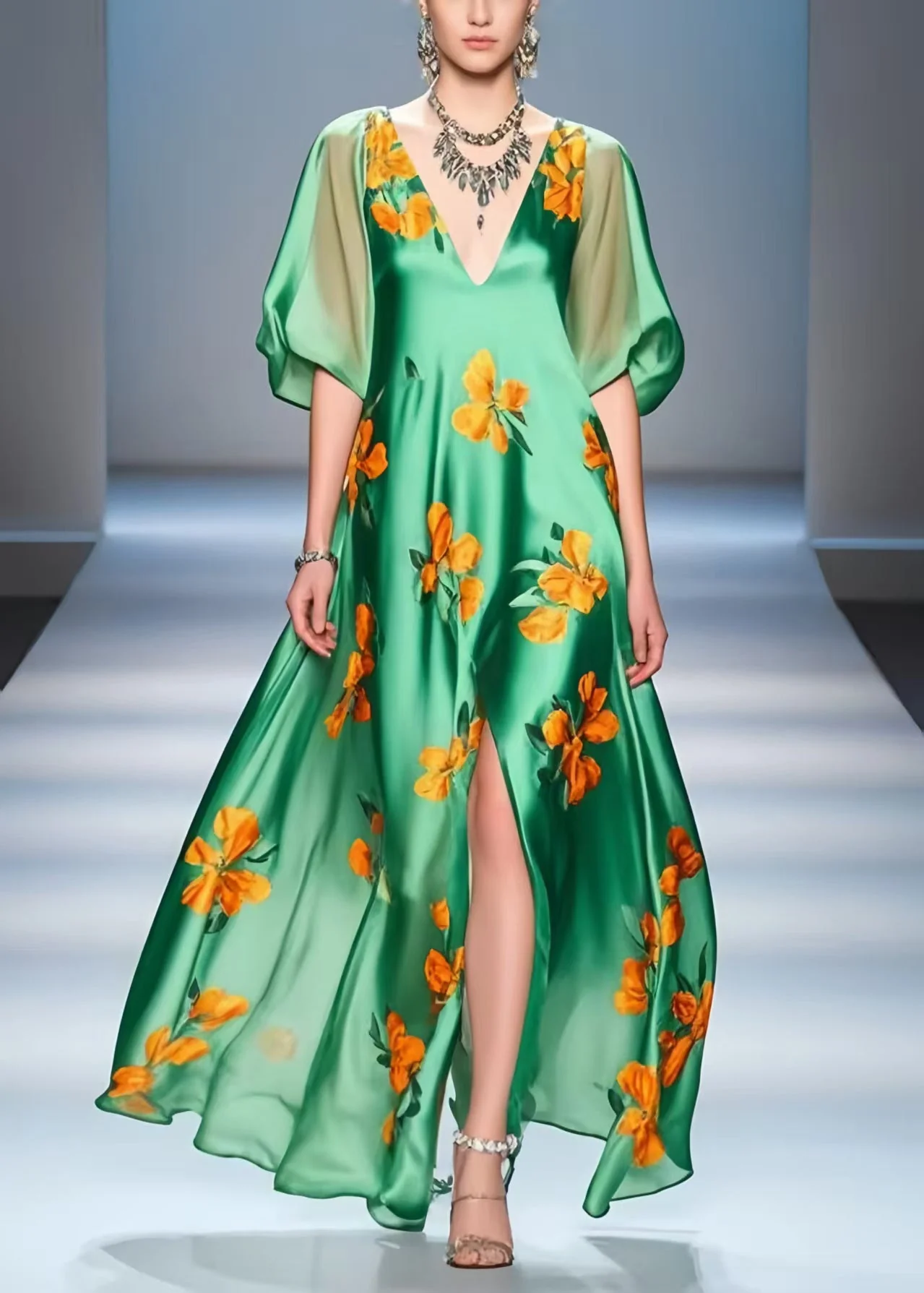 Beautiful Peacock Green Print Side Open Silk A Line Dresses Summer - Image 3