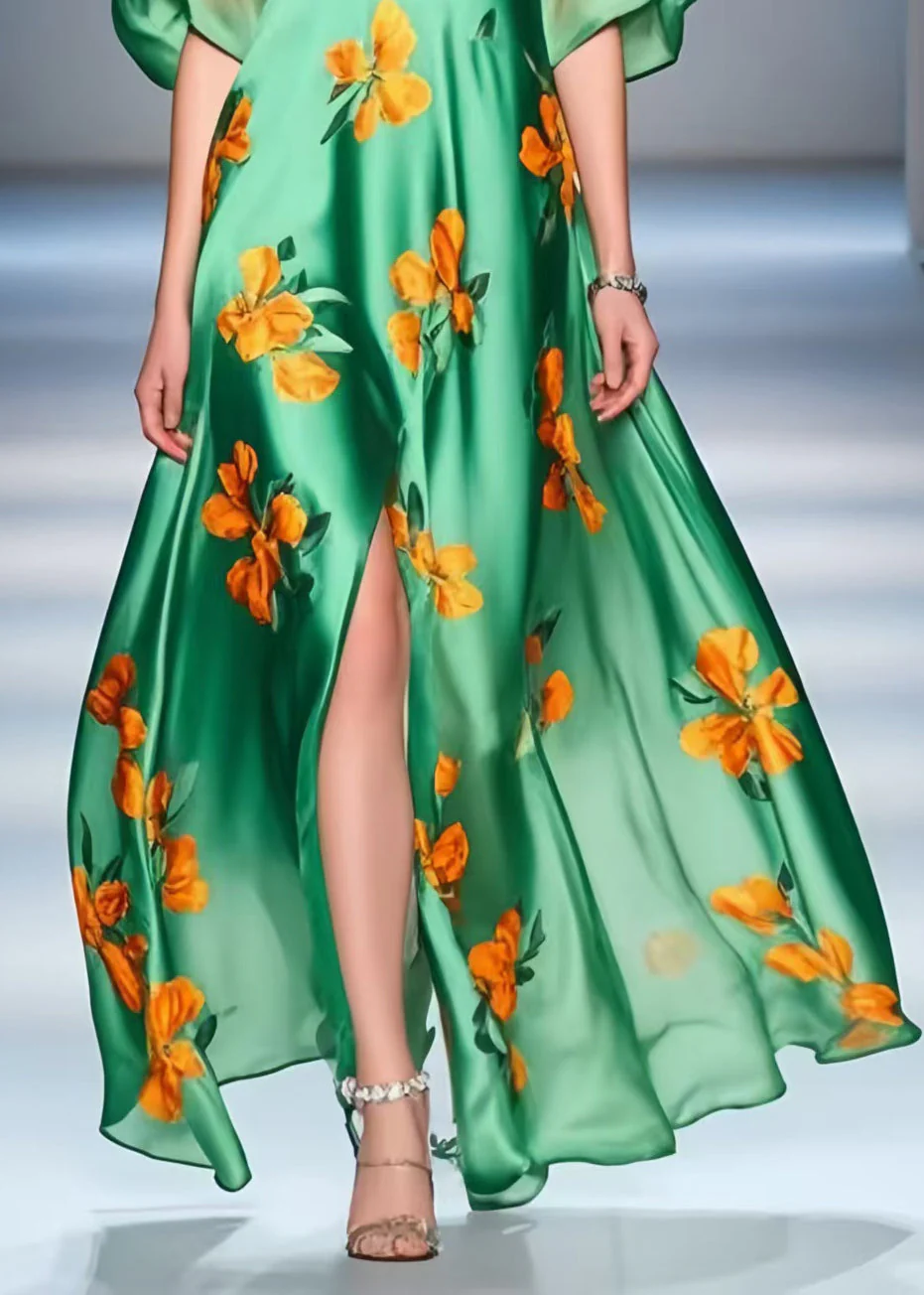 Beautiful Peacock Green Print Side Open Silk A Line Dresses Summer - Image 4