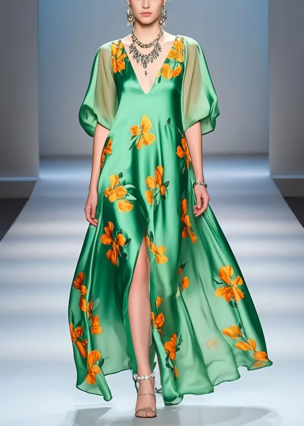 Beautiful Peacock Green Print Side Open Silk A Line Dresses Summer - Image 5