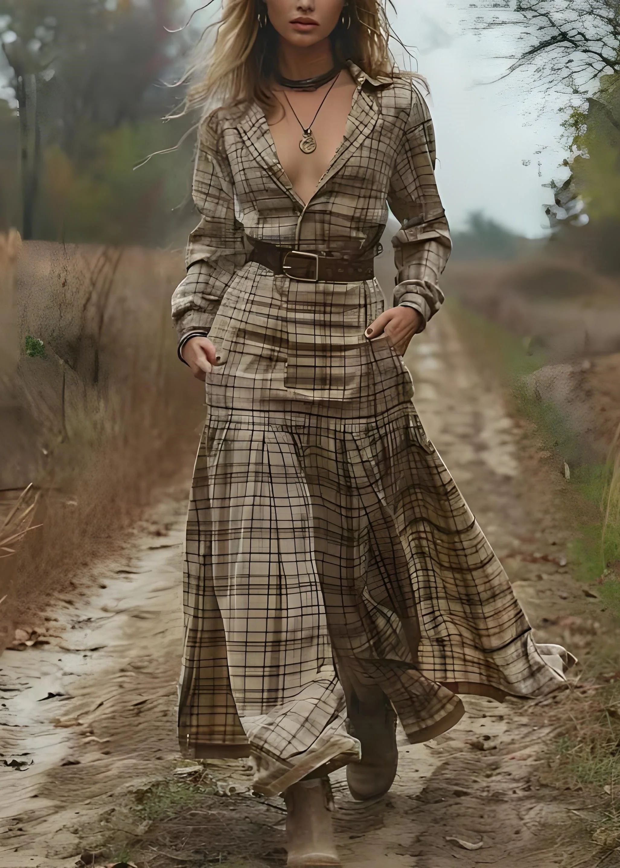 Beautiful Peter Pan Collar Plaid Patchwork Cotton Long Dress Spring - Image 4