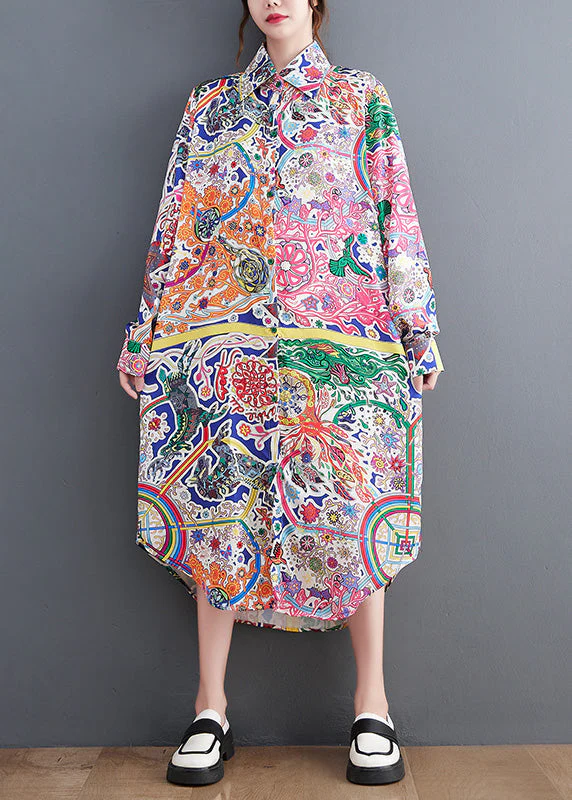 Beautiful Peter Pan Collar Print Button Maxi Shirts Dresses Spring - Image 3