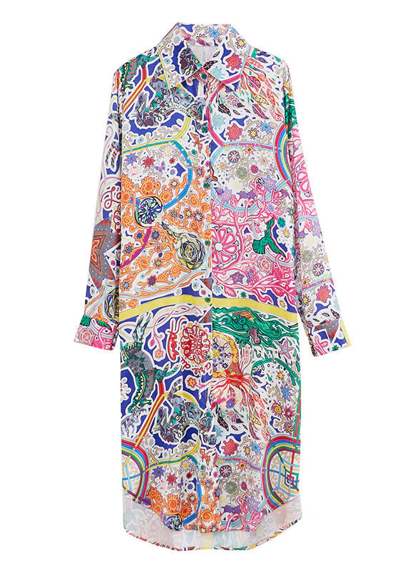 Beautiful Peter Pan Collar Print Button Maxi Shirts Dresses Spring - Image 5