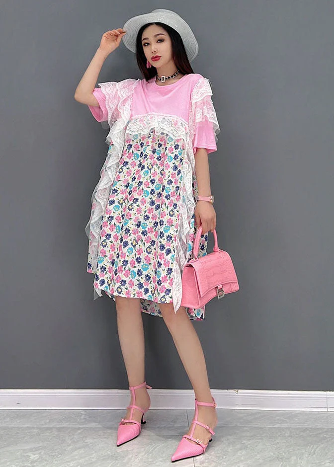 Beautiful Pink Asymmetrical Print Holiday Dresses Short Sleeve - Image 2