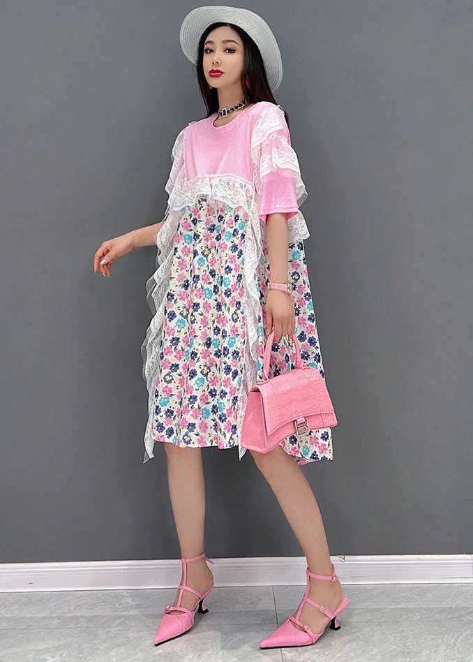 Beautiful Pink Asymmetrical Print Holiday Dresses Short Sleeve - Image 3