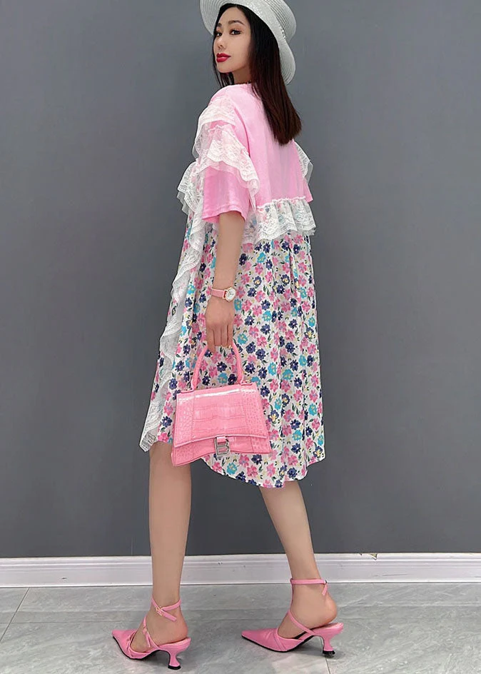 Beautiful Pink Asymmetrical Print Holiday Dresses Short Sleeve - Image 4