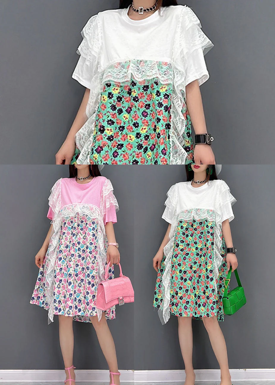 Beautiful Pink Asymmetrical Print Holiday Dresses Short Sleeve - Image 5