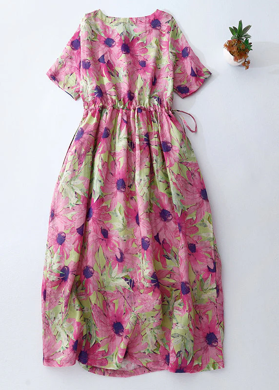 Beautiful Pink Cinched Print Linen Vacation Dresses Summer - Image 2