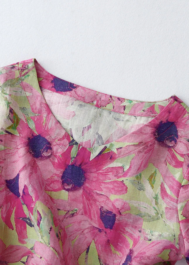 Beautiful Pink Cinched Print Linen Vacation Dresses Summer - Image 3