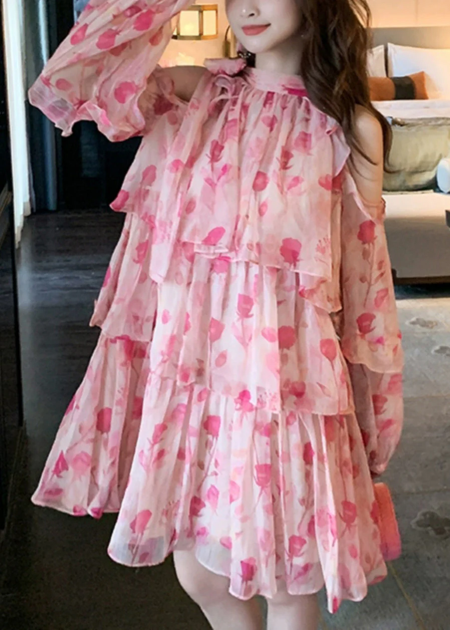 Beautiful Pink Cold Shoulder Print Chiffon Mid Dress Summer - Image 2