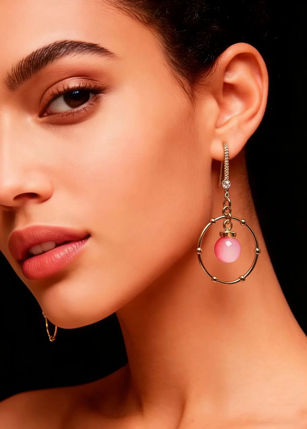Beautiful Pink Crystal Circular Gilding Drop Earring - Image 2