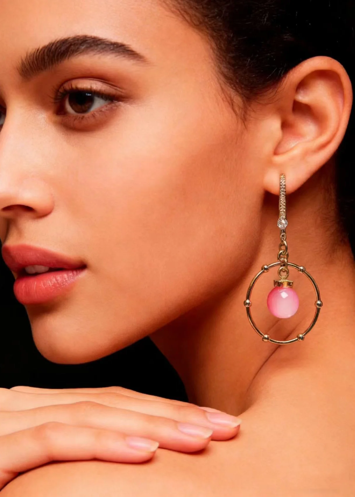 Beautiful Pink Crystal Circular Gilding Drop Earring - Image 3