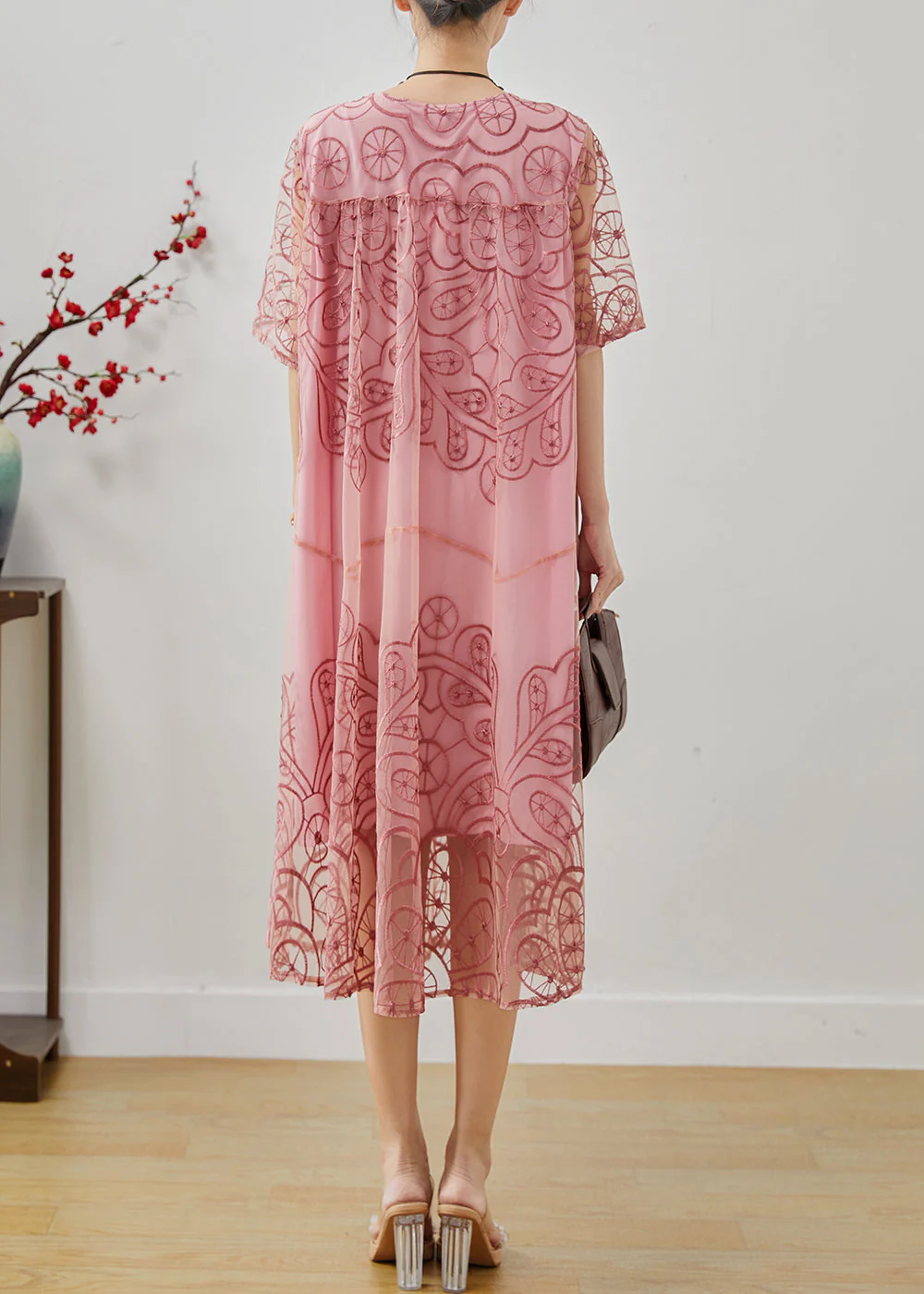 Beautiful Pink Embroidered Tulle Ankle Dress Summer - Image 4