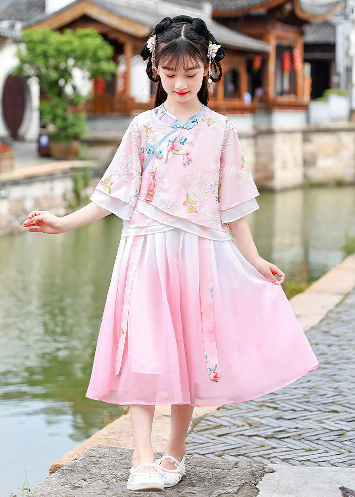 Beautiful Pink Embroideried Patchwork Button Chiffon Kids Long Dresses Half Sleeve - Image 5