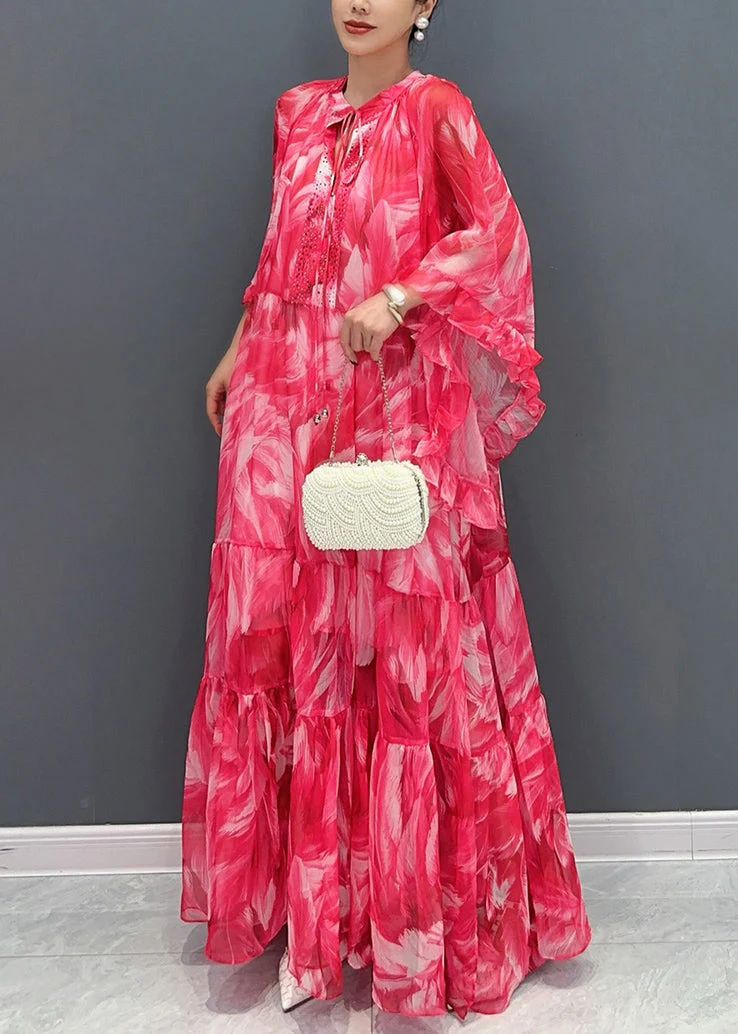 Beautiful Pink Flower Ruffled Chiffon Maxi Dress Batwing Sleeve