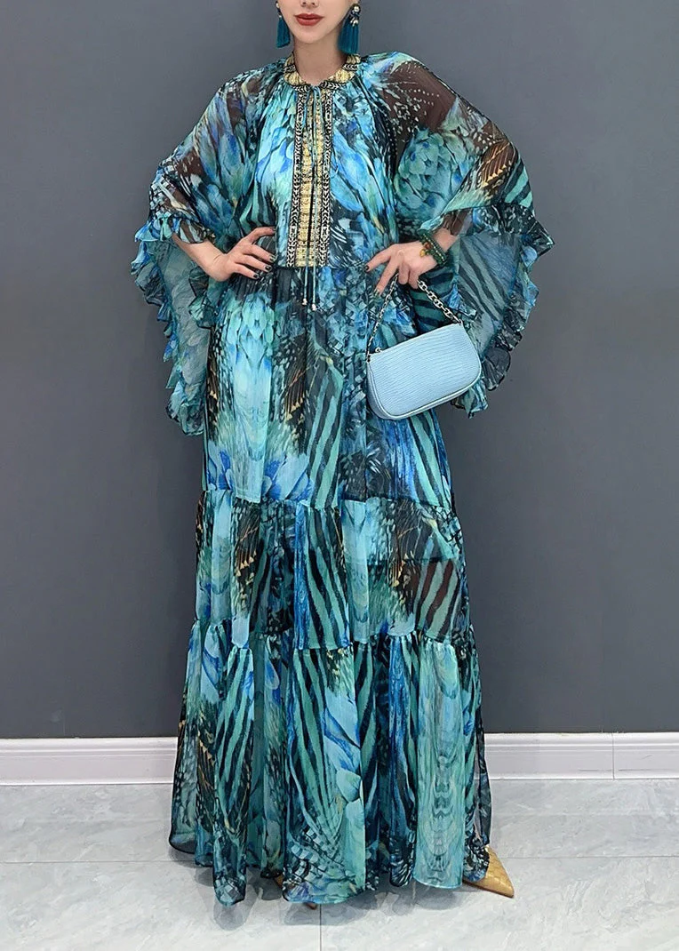 Beautiful Pink Flower Ruffled Chiffon Maxi Dress Batwing Sleeve - Image 2