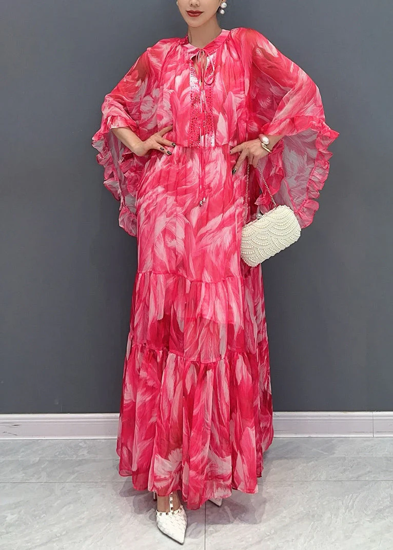 Beautiful Pink Flower Ruffled Chiffon Maxi Dress Batwing Sleeve - Image 3