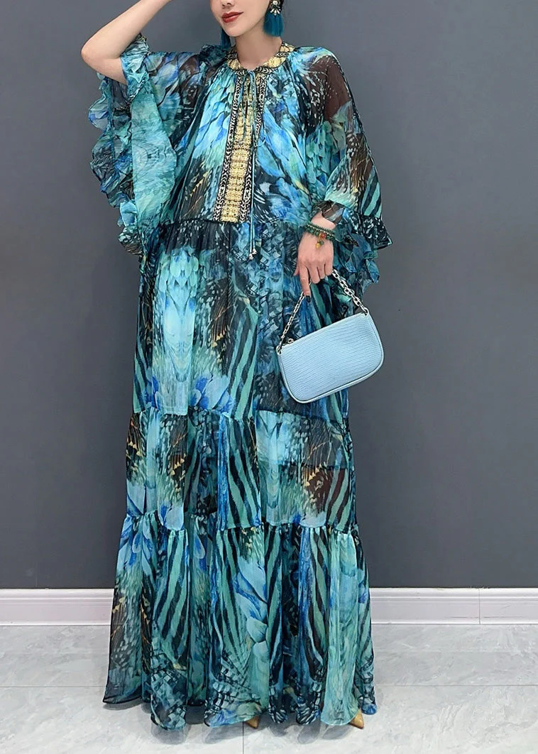 Beautiful Pink Flower Ruffled Chiffon Maxi Dress Batwing Sleeve - Image 4