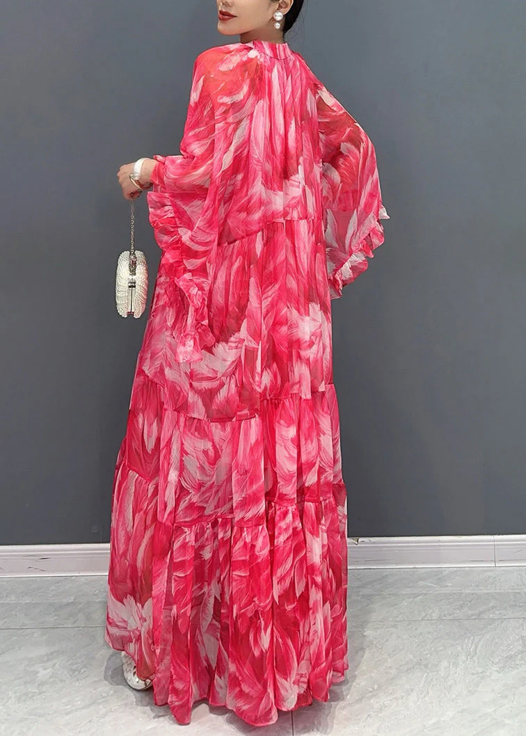 Beautiful Pink Flower Ruffled Chiffon Maxi Dress Batwing Sleeve - Image 5