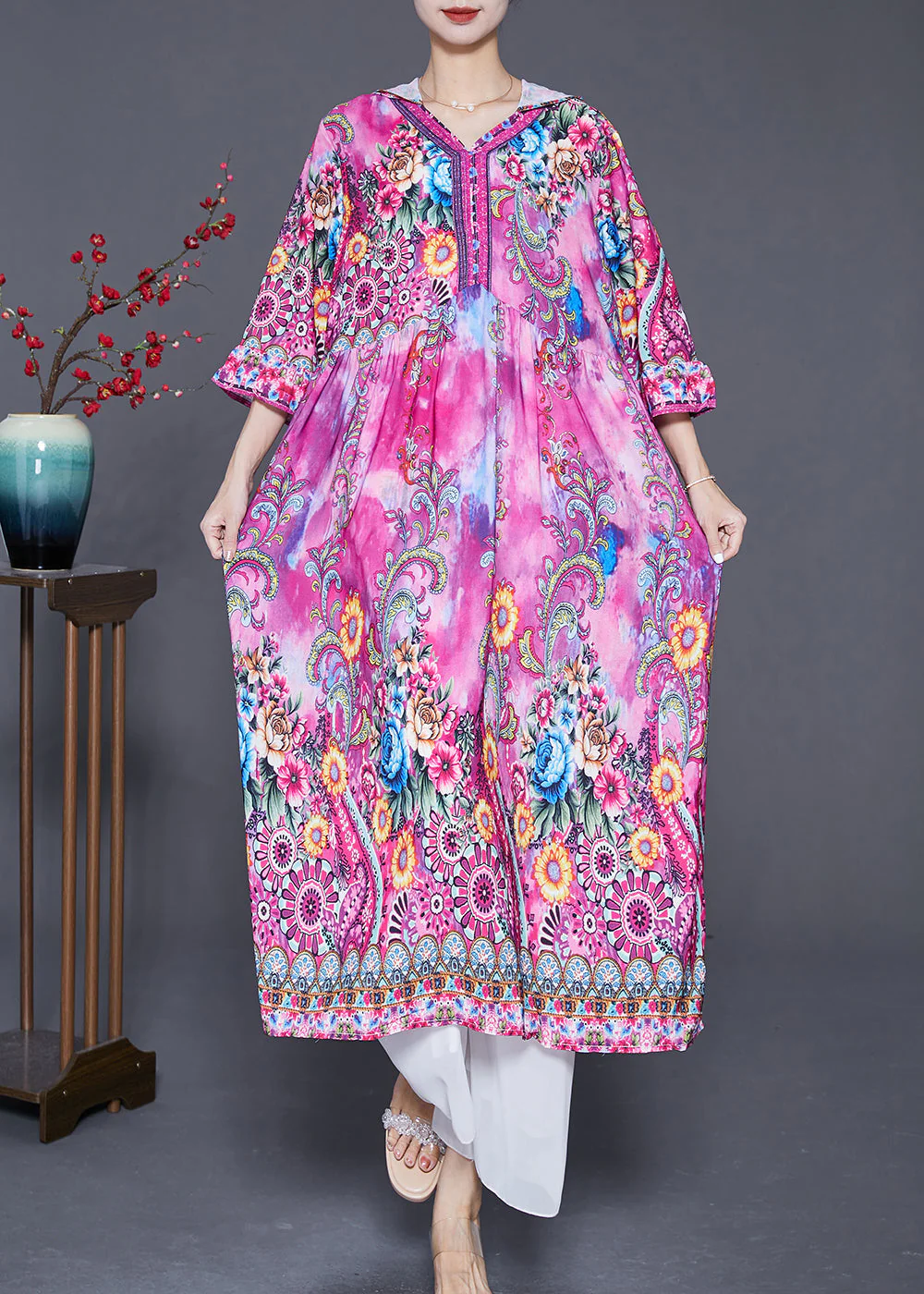 Beautiful Pink Hooded Print Silk Vacation Dresses Bracelet Sleeve - Image 2
