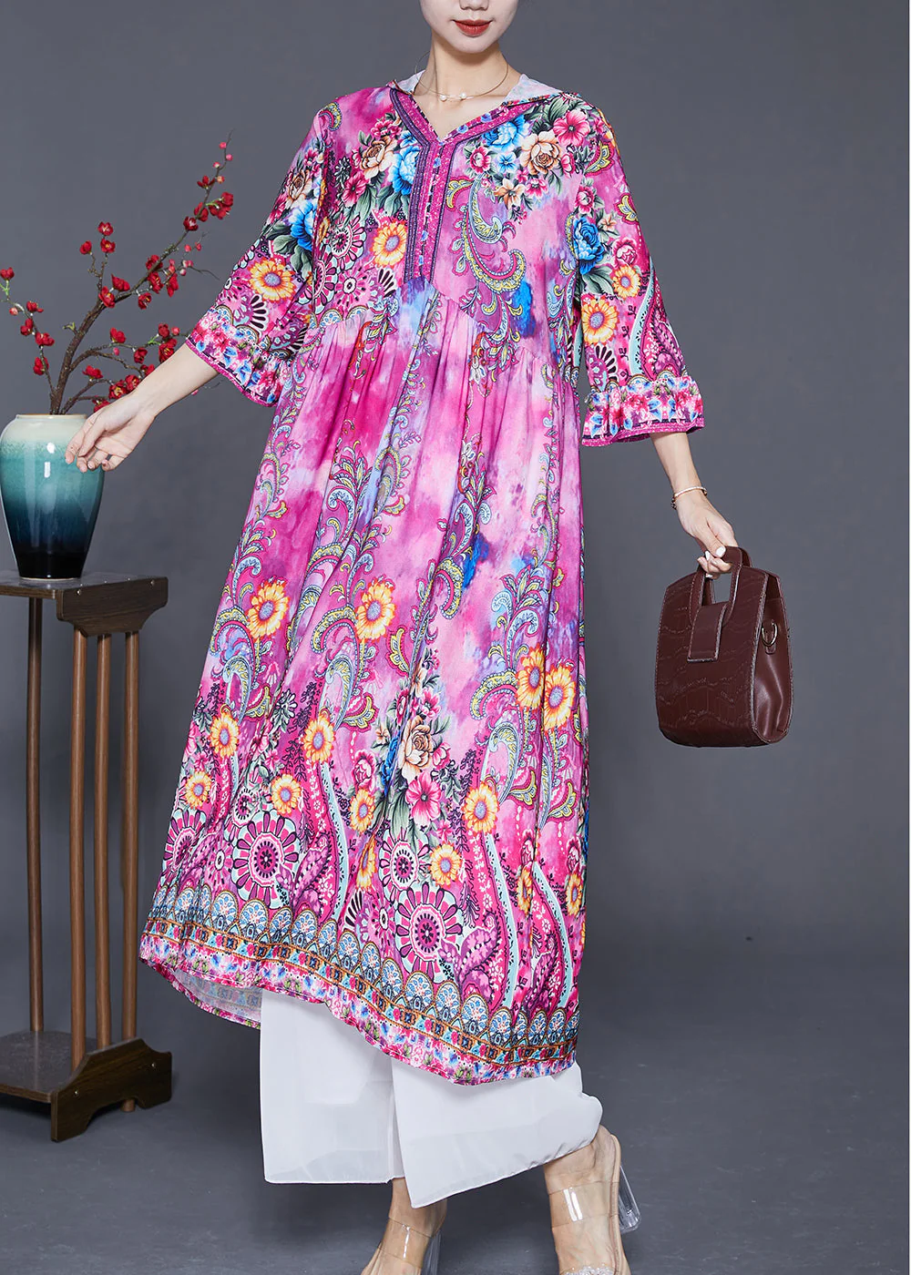 Beautiful Pink Hooded Print Silk Vacation Dresses Bracelet Sleeve - Image 3