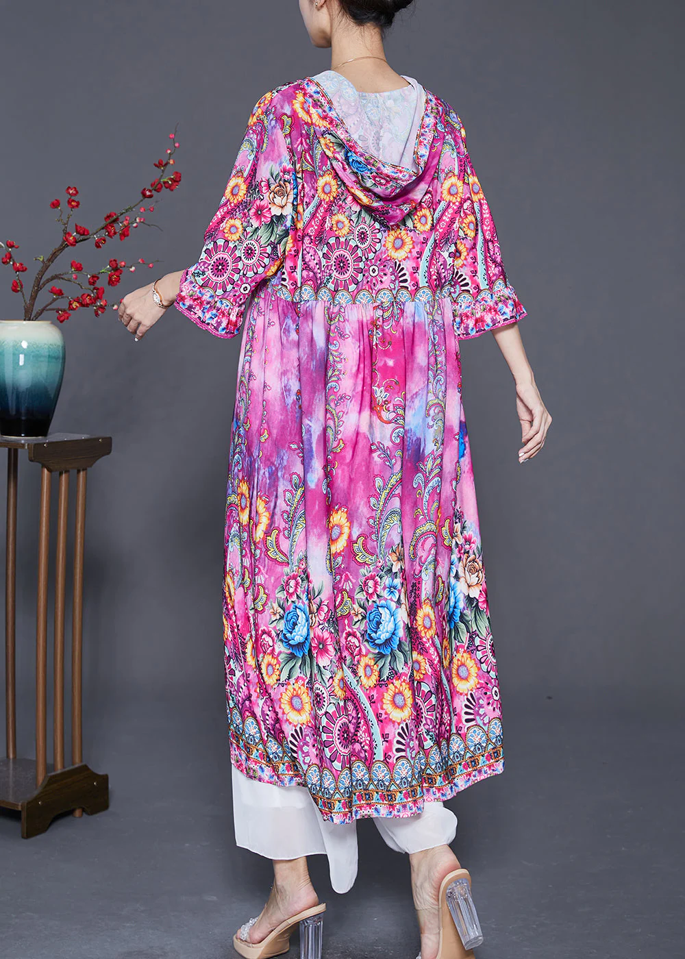 Beautiful Pink Hooded Print Silk Vacation Dresses Bracelet Sleeve - Image 4