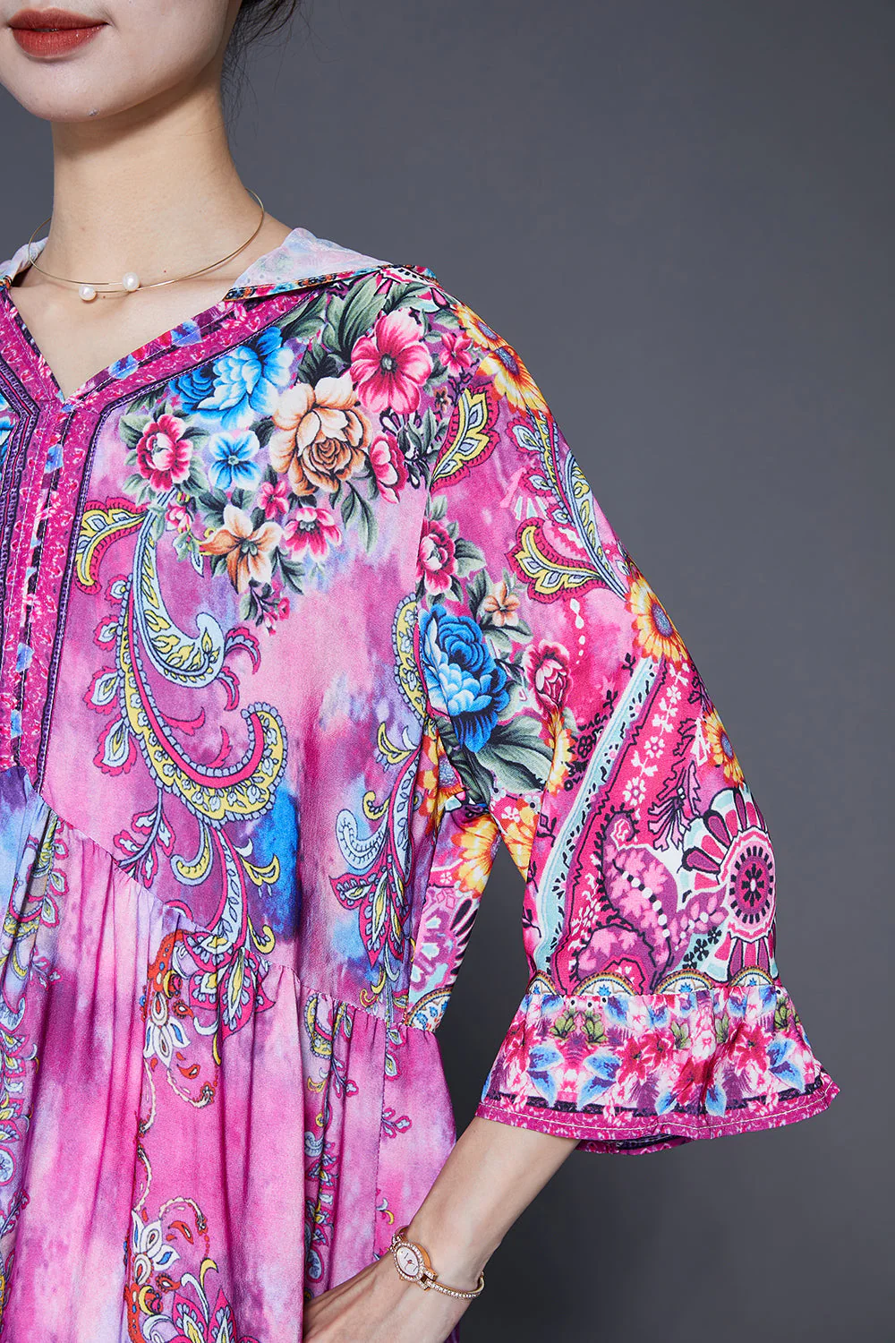 Beautiful Pink Hooded Print Silk Vacation Dresses Bracelet Sleeve - Image 5