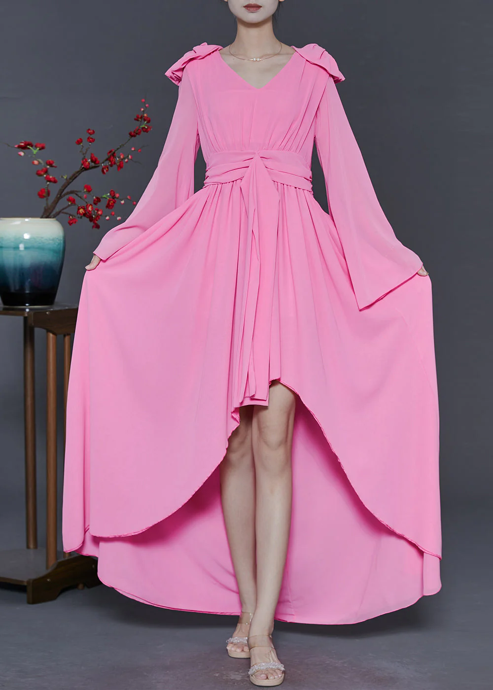 Beautiful Pink Low High Design Exra Large Hem Chiffon Vacation Dresses Fall - Image 2